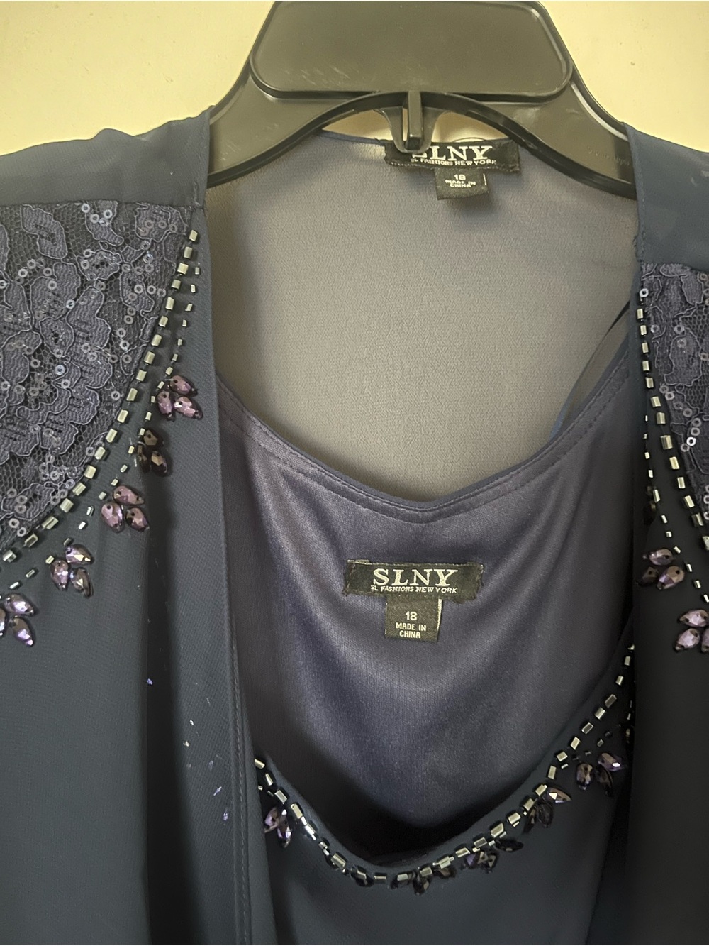 SLNY Navy Beaded Chiffon Jacket and Layered Dress - Picture 2 of 7